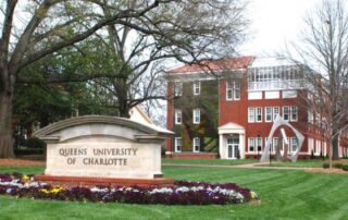 Queens University of Charlotte campus picture red brick buildings and green