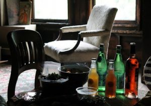 picnic setup with colorful bottles in the attic of the Hemingway birthplace home