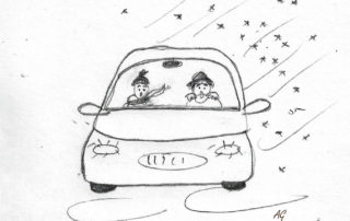 sketch of two distressed women driving a car in a snowstorm (by Annette Gendler)