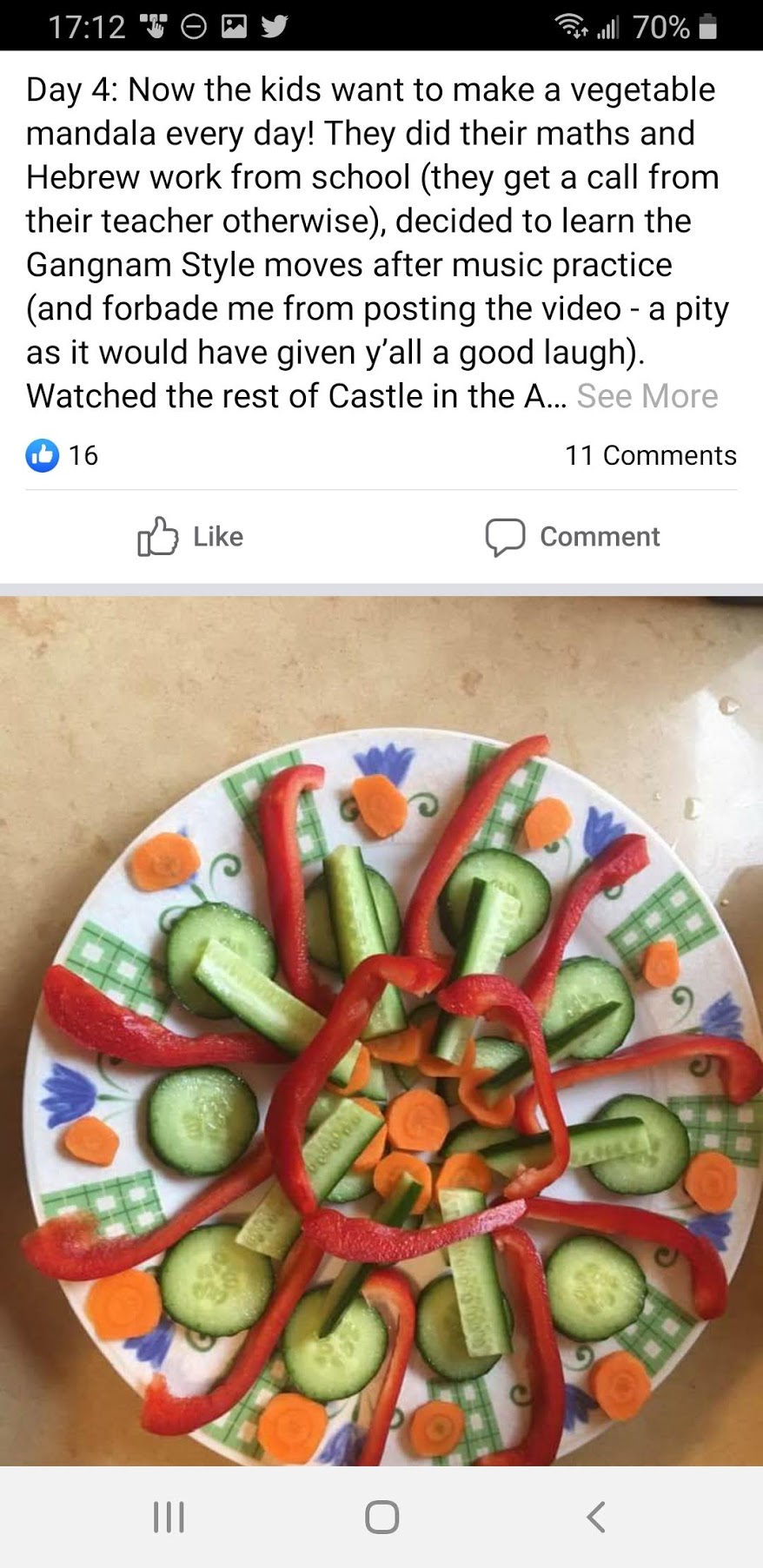 Facebook post detailing keeping two kids busy at home, image shows plate with cucumbers, carrots and peppers arranged in a mandela