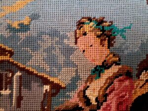 close up of stitch work on handmade gobelin tapestry