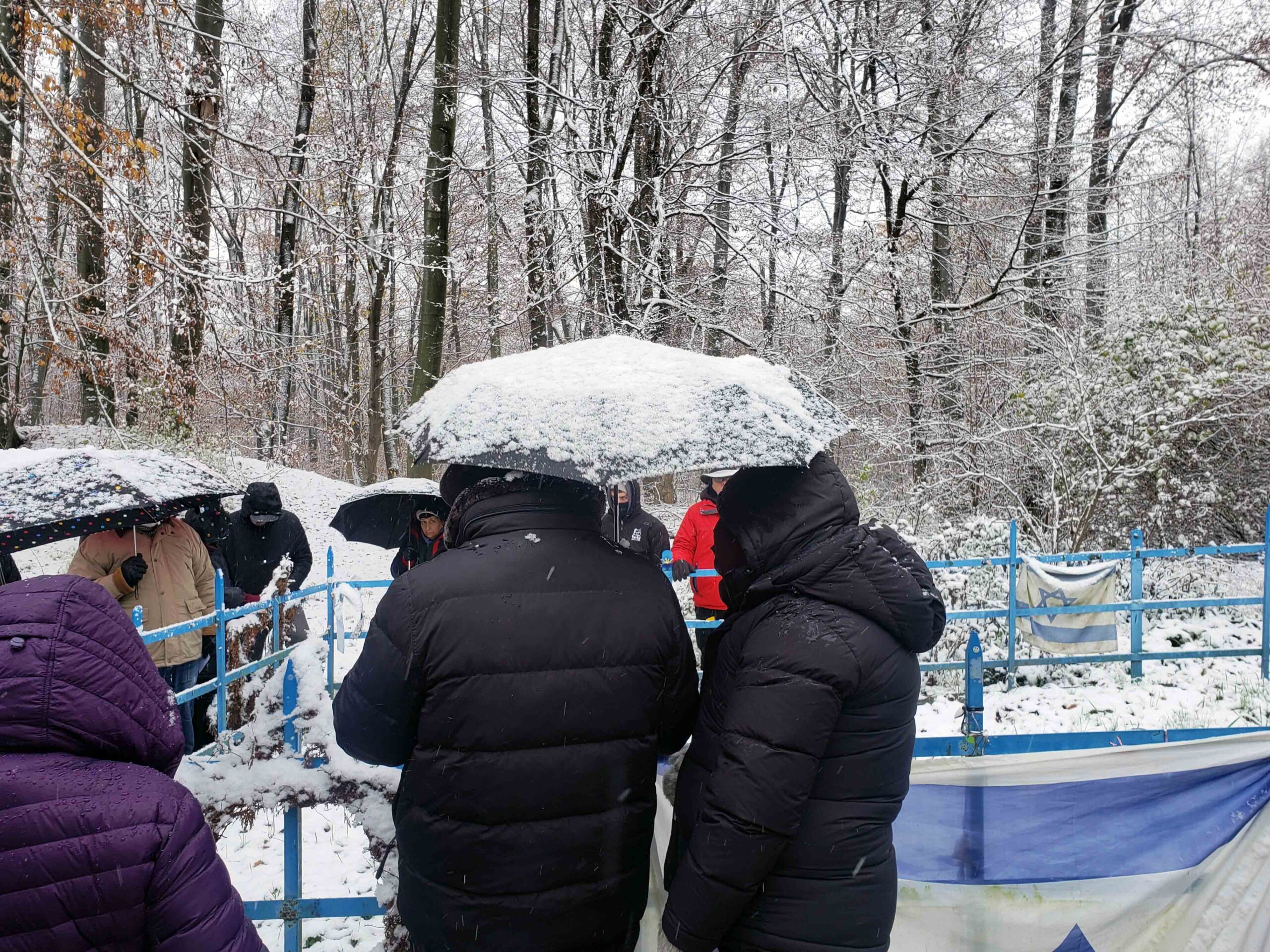 Tour participants gathered around the fence of a mass grave in a snowy forest