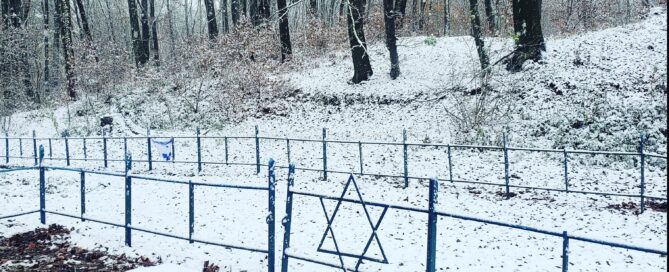 Mass grave in snowy forest marked by a blue fence and star of David