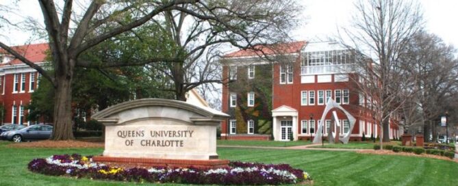 Queens University of Charlotte campus picture red brick buildings and green