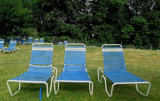 blue pool lounge chairs on a green lawn