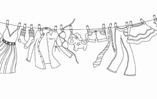 pen drawing of whimsical clothes line blowing in the wind