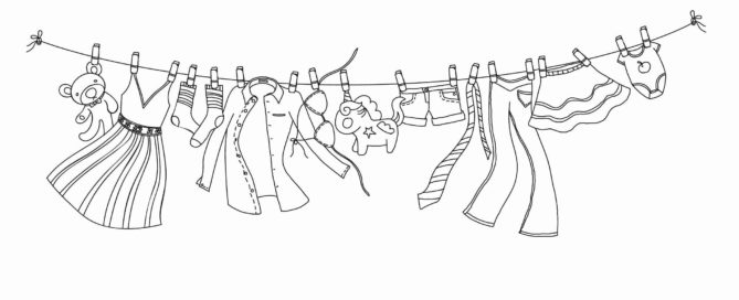 pen drawing of whimsical clothes line blowing in the wind
