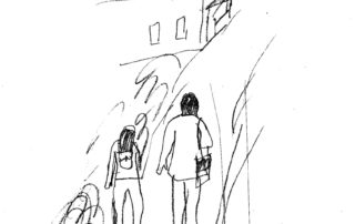 sketch of a woman and a man walking along a sidewalk in a city, seen from behind