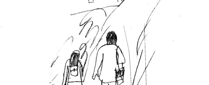 sketch of a woman and a man walking along a sidewalk in a city, seen from behind