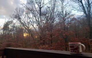 Balcony railing with bare woods and sunset